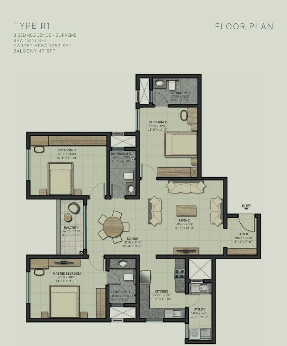 3 BHK Supreme – Type R1, 1,253 sq ft carpet