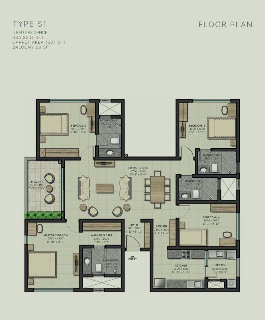 4 BHK – Type S1, 1,507 sq ft carpet