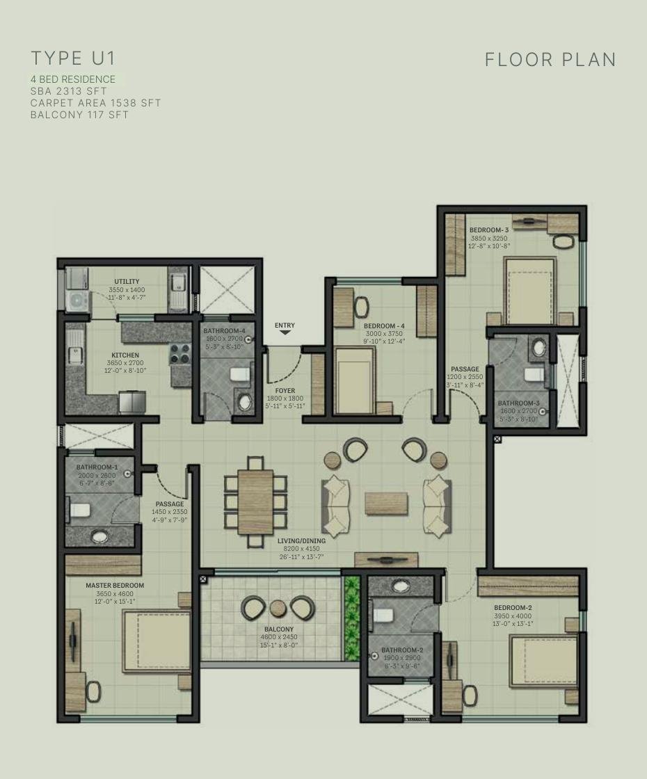 4 BHK – Type U1, 1,538 sq ft carpet