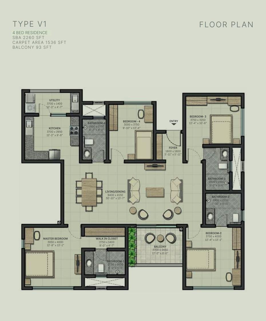 4 BHK – Type V1, 1,536 sq ft carpet