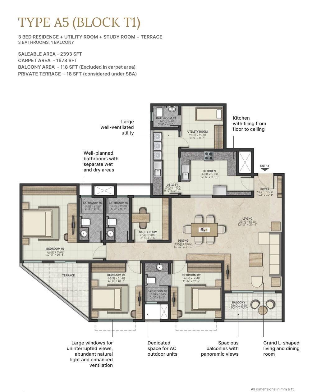 3 BHK + Study + Terrace – Type A5, 1,678 sq ft carpet