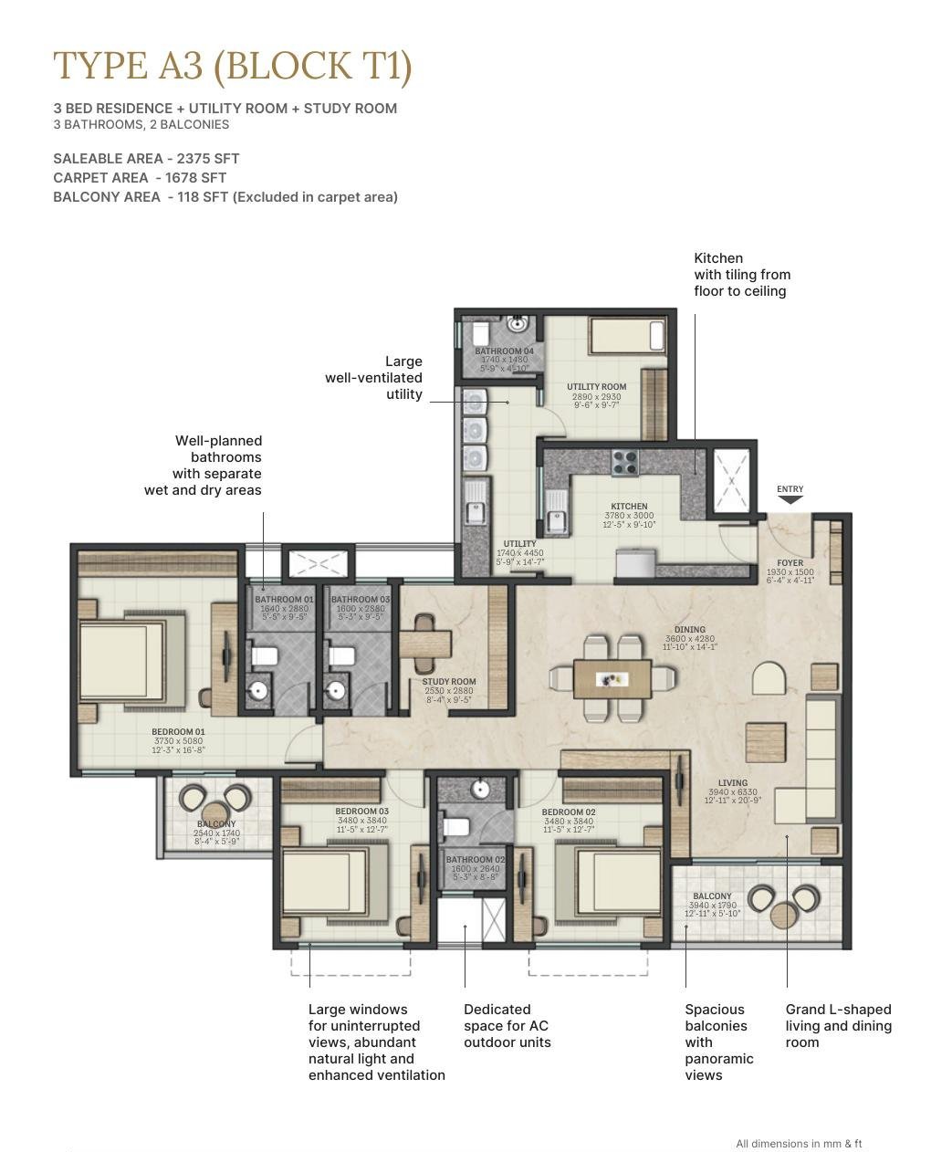3 BHK + Study – Type A3, 1,678 sq ft carpet