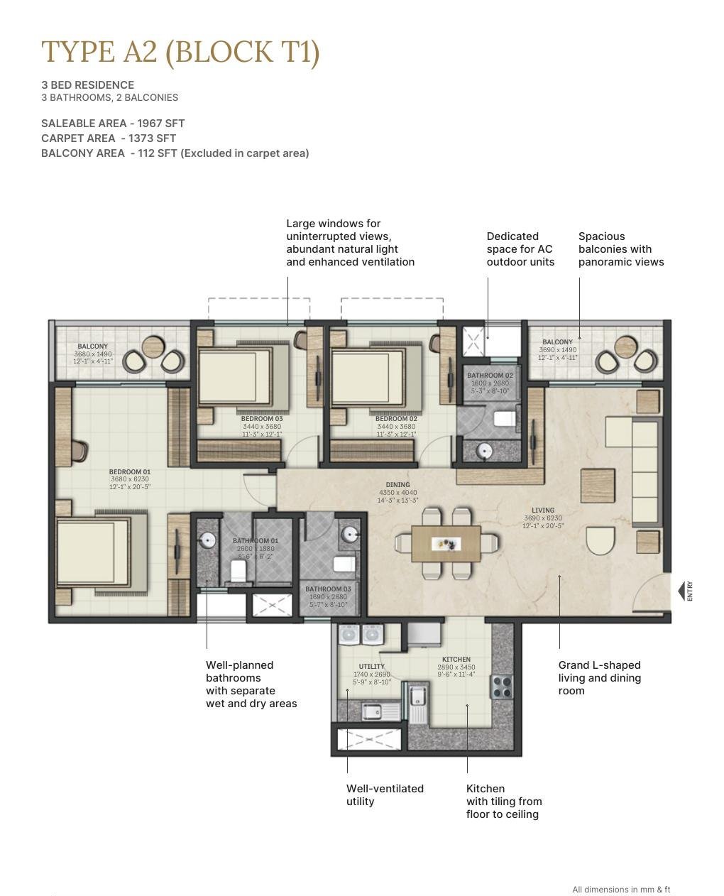 3 BHK – Type A2, 1,373 sq ft carpet