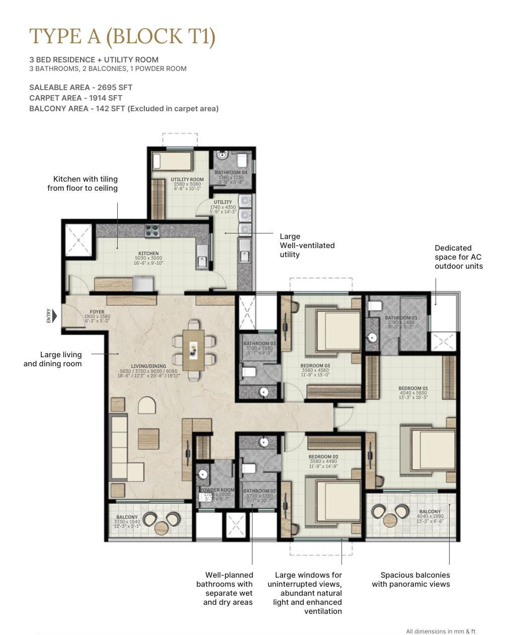 3 BHK + Utility – Type A, 1,914 sq ft carpet