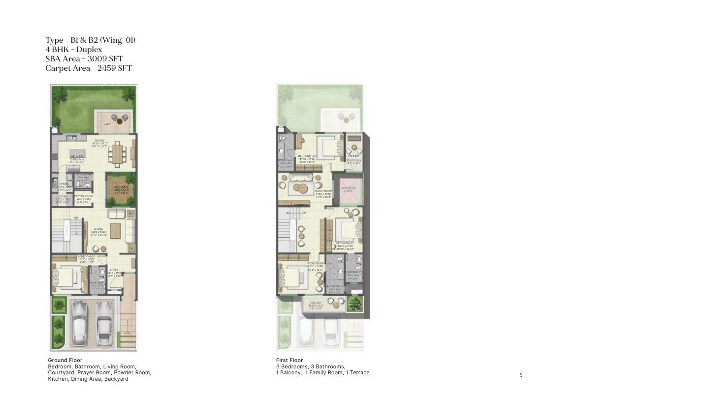 4 BHK Duplex – Types B1 & B2 (sold out), 2,459 sq ft carpet