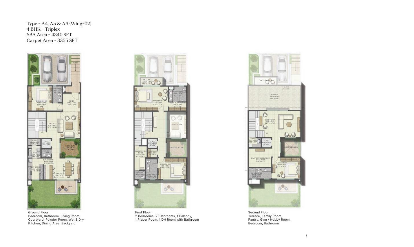 4 BHK Triplex – Types A4–A6, 3,355 sq ft carpet