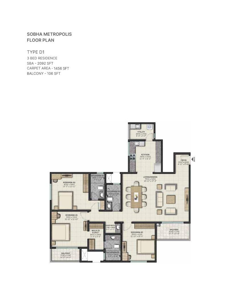 3 BHK – Type D1, 1,456 sq ft carpet