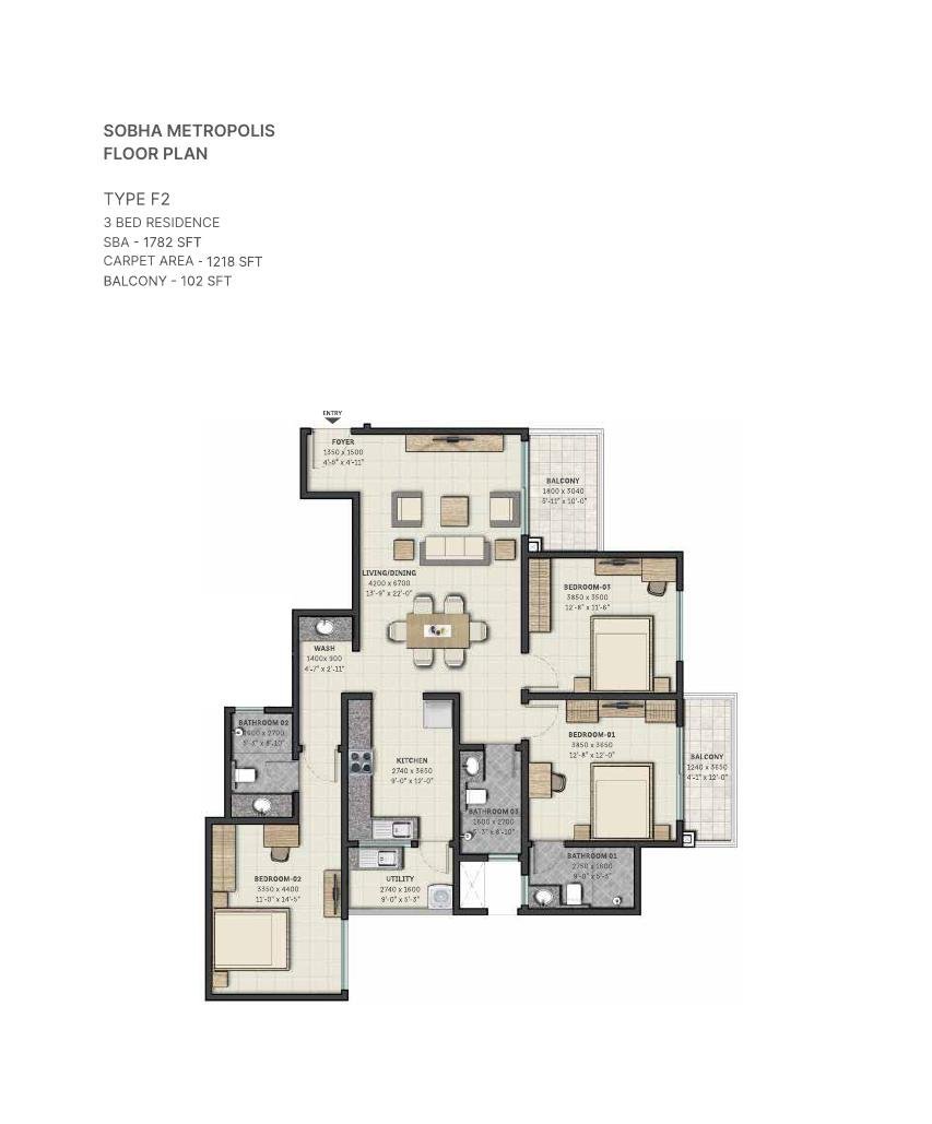 3 BHK – Type F2, 1,218 sq ft carpet