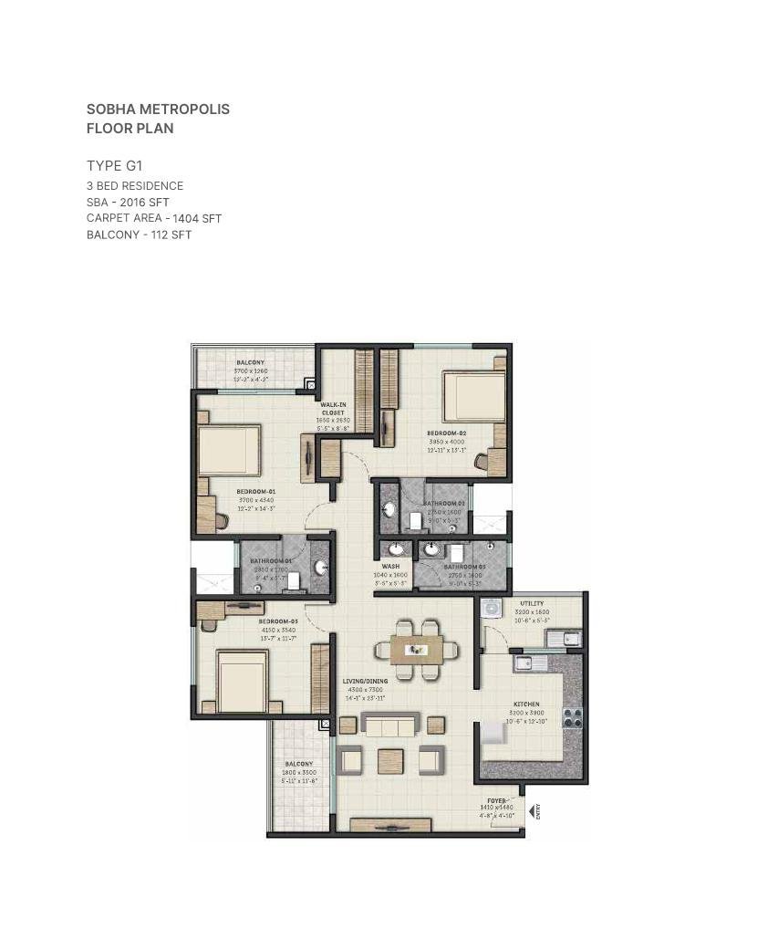3 BHK – Type G1, 1,404 sq ft carpet