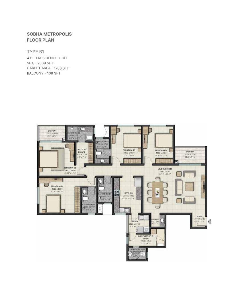 4 BHK + DH – Type B1, 1,788 sq ft carpet