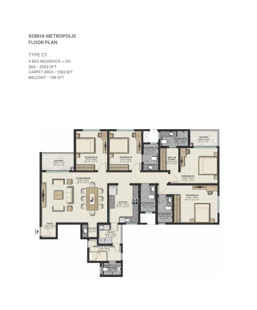 4 BHK + DH – Type C1, 1,783 sq ft carpet
