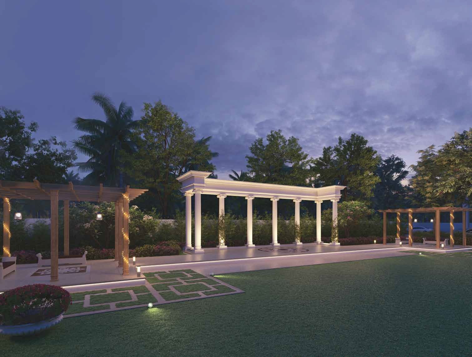SOBHA Metropolis community lawn at night
