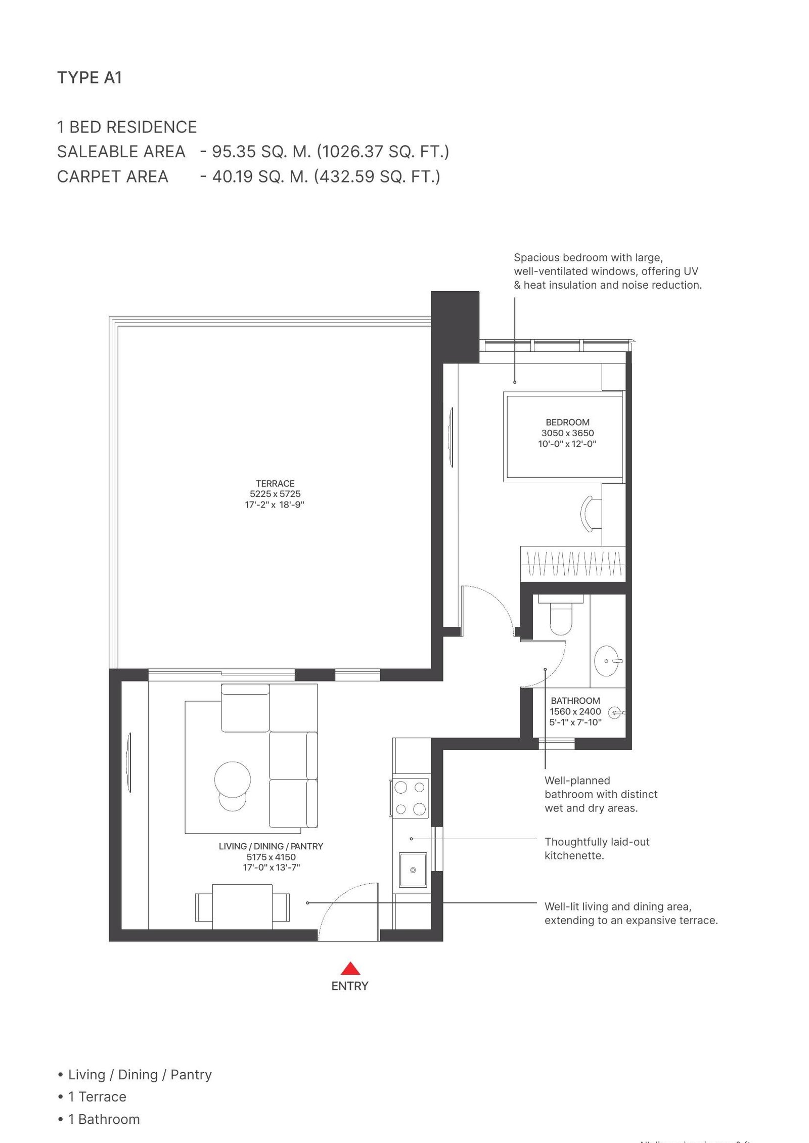 1 Bed with Terrace – Type A1, 433 sq ft carpet