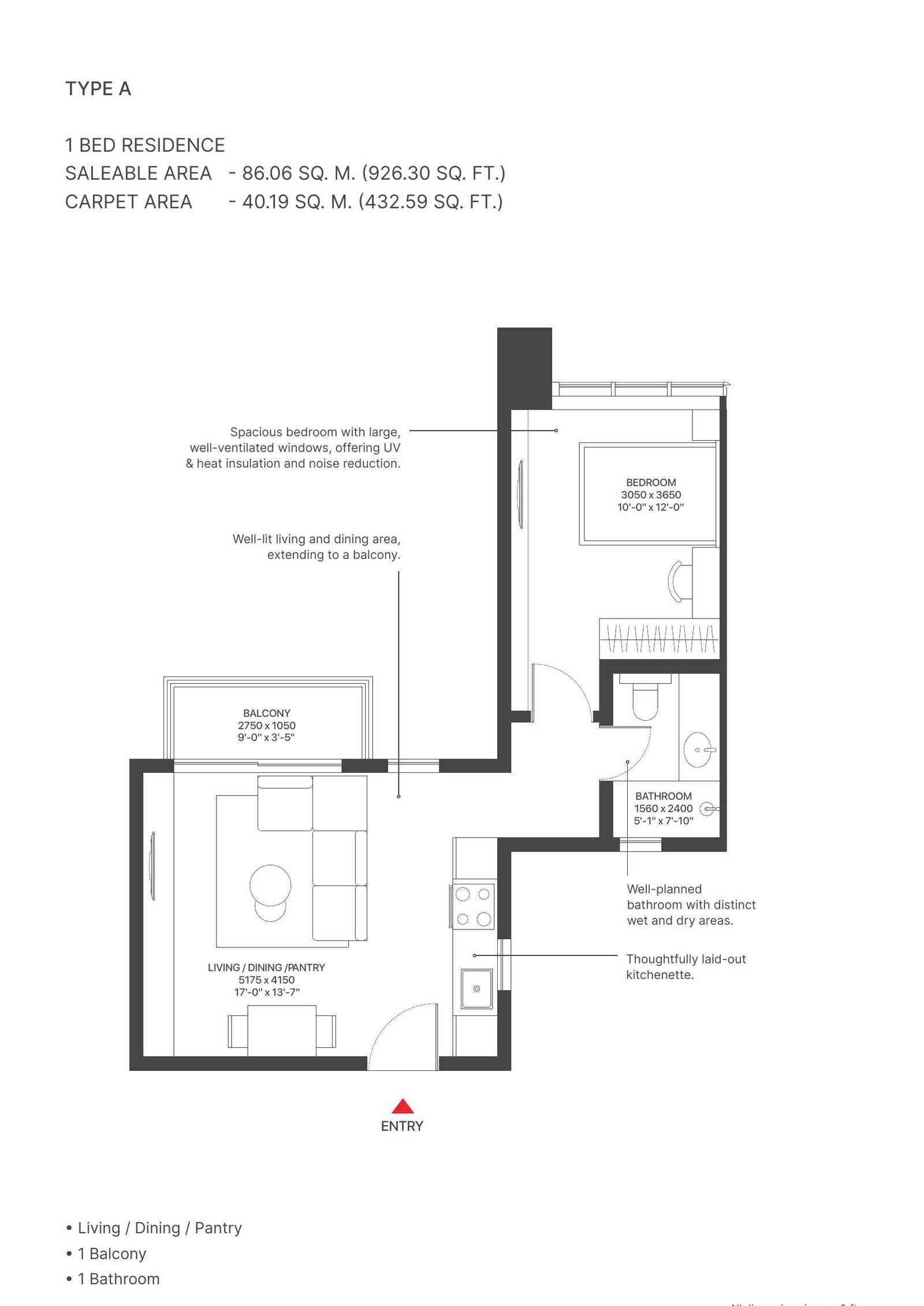 1 Bed Serviced Residence – Type A, 433 sq ft carpet