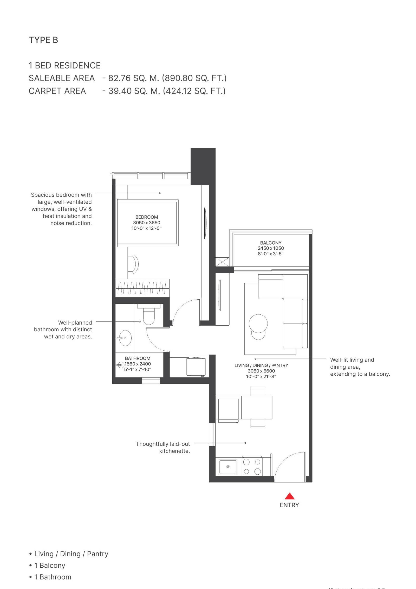 1 Bed Serviced Residence – Type B, 424 sq ft carpet