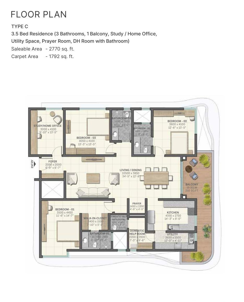 3.5 BHK – Type C, 1,792 sq ft carpet
