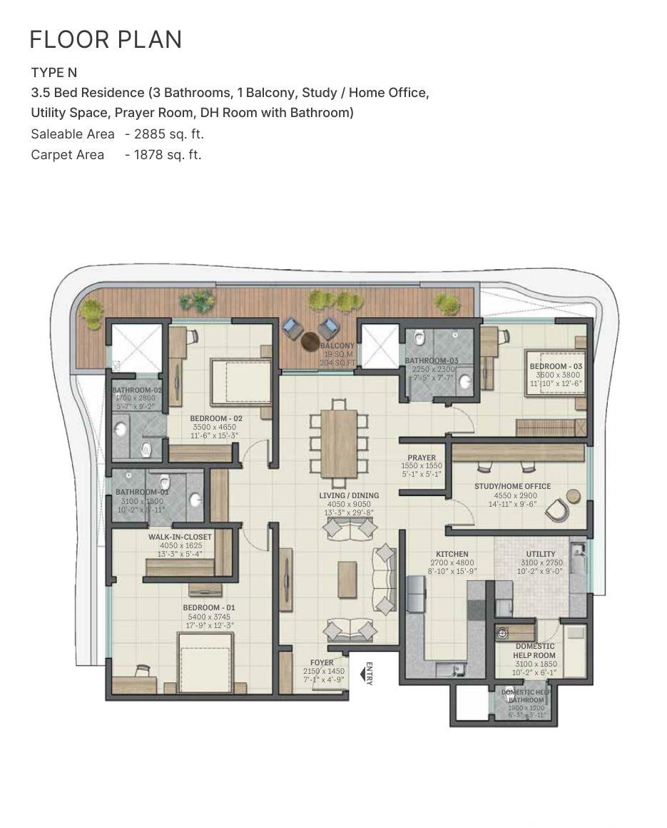 3.5 BHK – Type N, 1,878 sq ft carpet