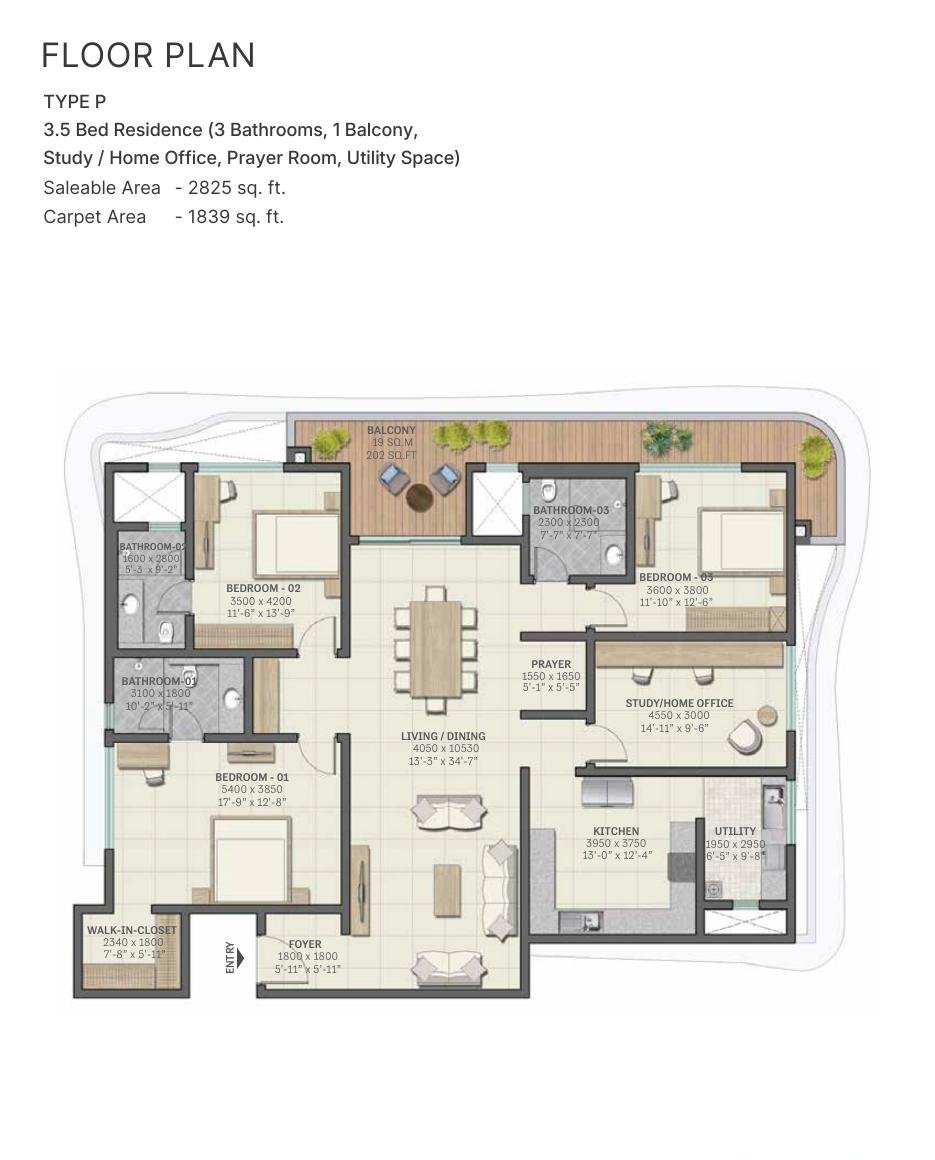 3.5 BHK – Type P, 1,839 sq ft carpet