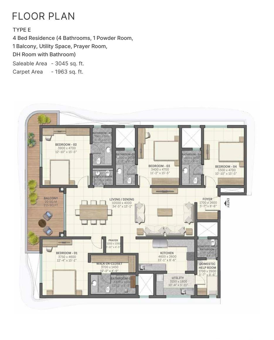 4 BHK – Type E, 1,963 sq ft carpet