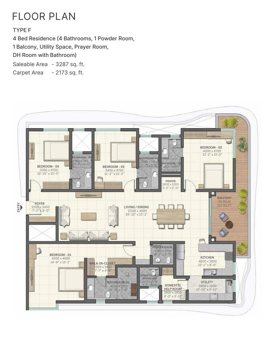 4 BHK – Type F, 2,173 sq ft carpet