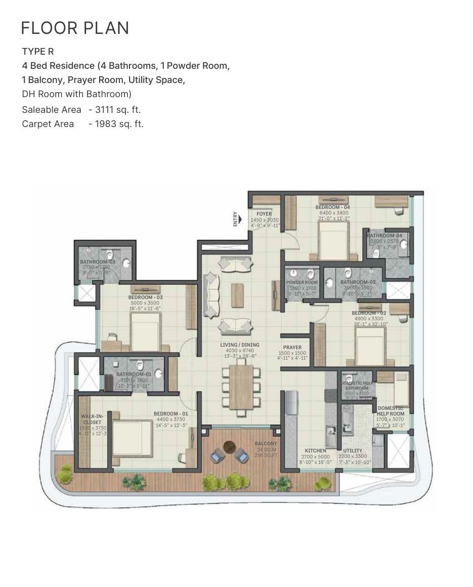 4 BHK – Type R, 1,983 sq ft carpet