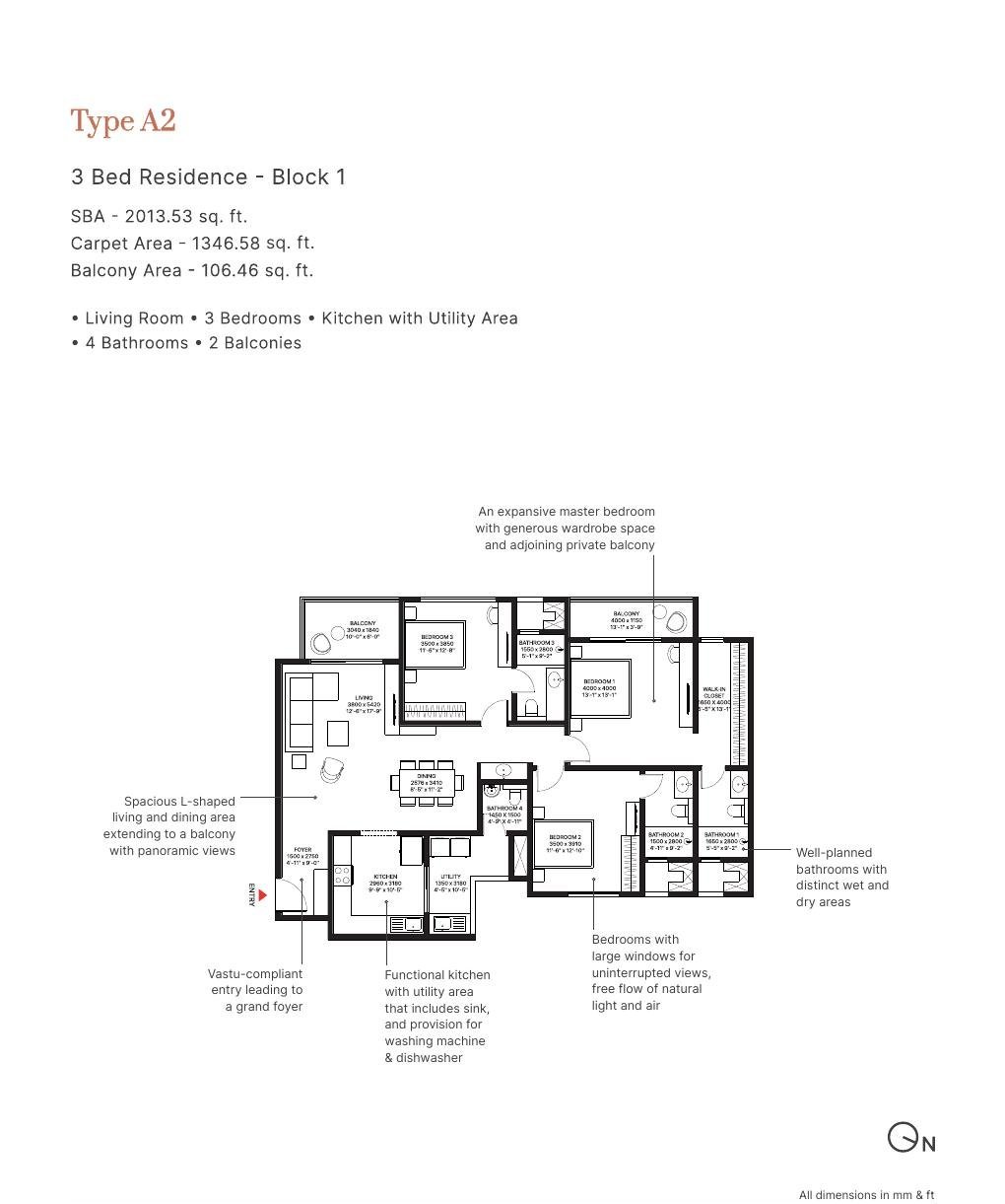 3 BHK + DH Bathroom – Type A2, 1,347 sq ft carpet