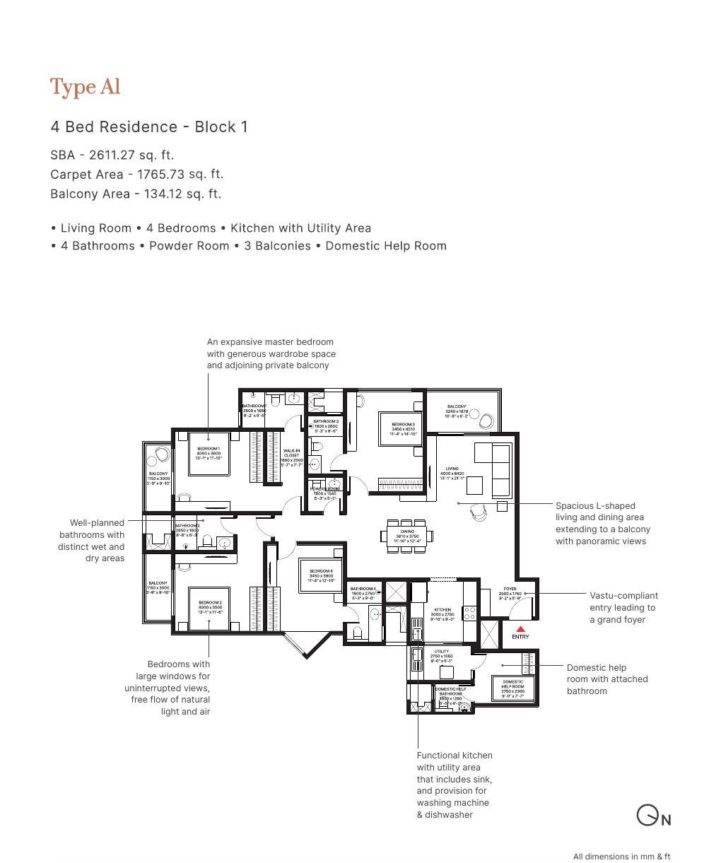 4 BHK + DH – Type A1, 1,766 sq ft carpet