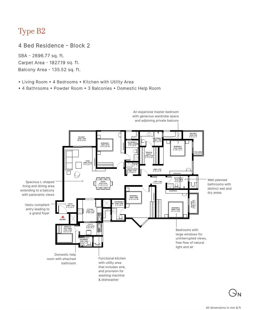4 BHK + DH – Type B2, 1,827 sq ft carpet