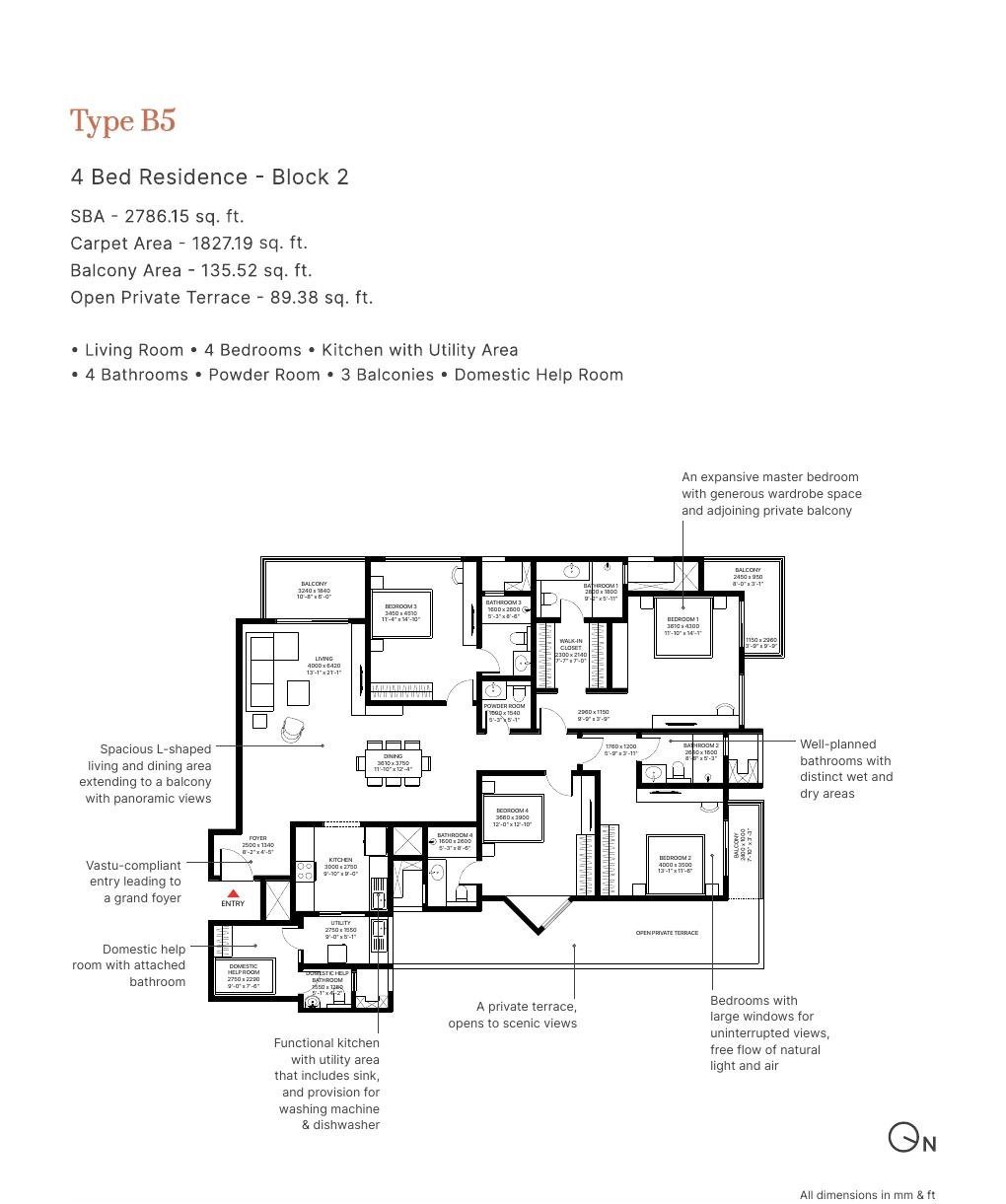 4 BHK + DH – Type B5, 1,827 sq ft carpet