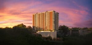 SOBHA Woods towers at dusk on the hill