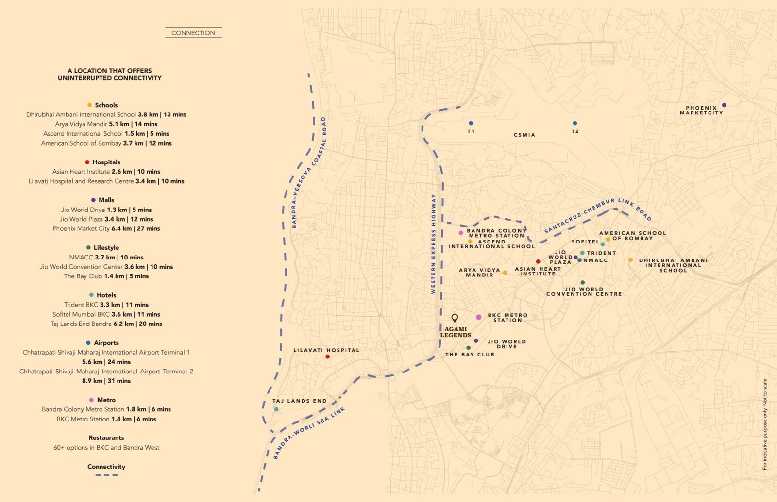Agami Legends location map: distances to BKC, metro, schools, hospitals and airport