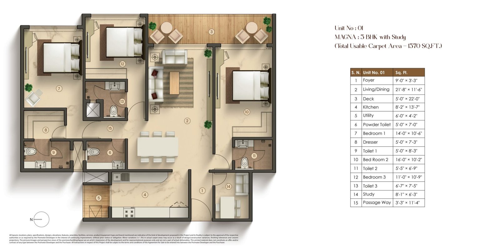 3 BHK + Study Magna - 1370 sq ft