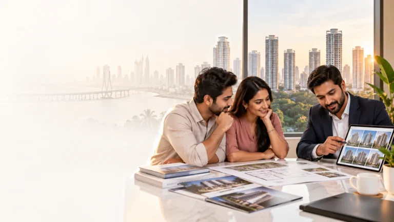 An Asraa Realty advisor showing shortlisted projects to a couple, with the Mumbai skyline behind &mdash; buyer-side real estate agents in Mumbai at work