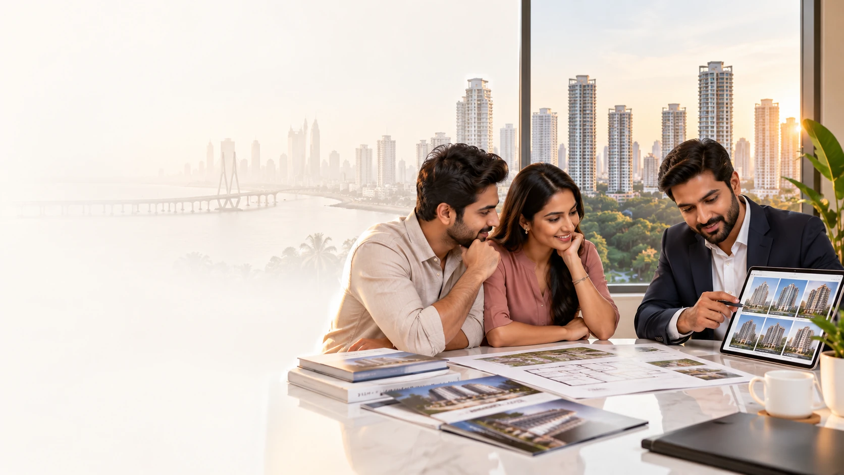 An Asraa Realty advisor showing shortlisted projects to a couple, with the Mumbai skyline behind &mdash; buyer-side real estate agents in Mumbai at work