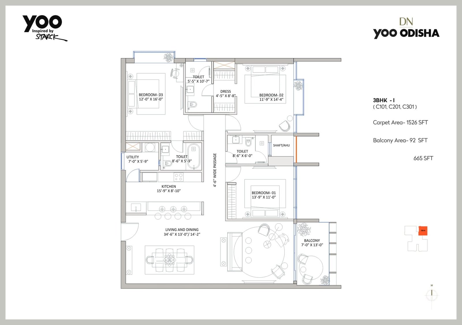 3 BHK – I (Tower C: C101, C201, C301)