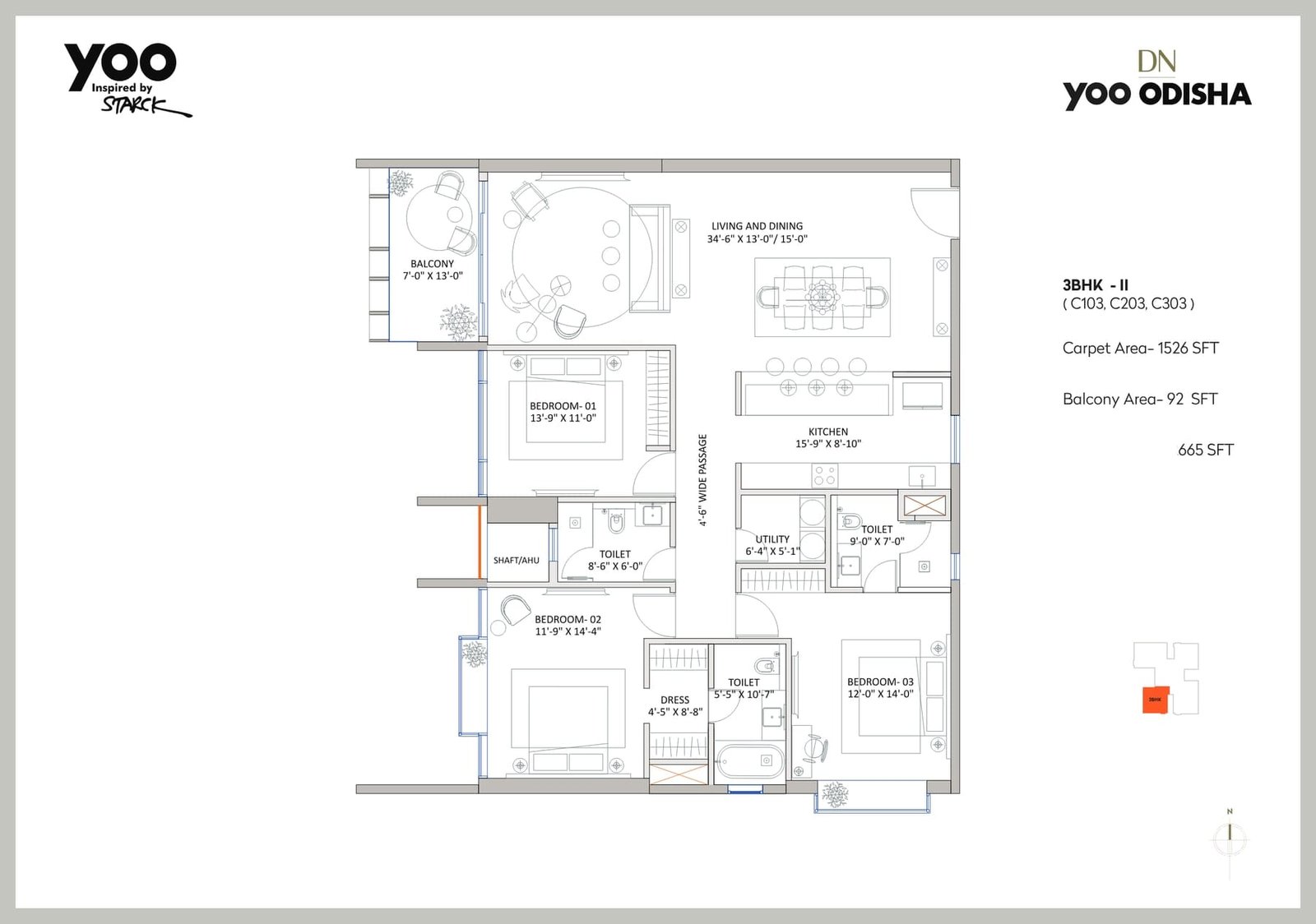 3 BHK – II (Tower C: C103, C203, C303)