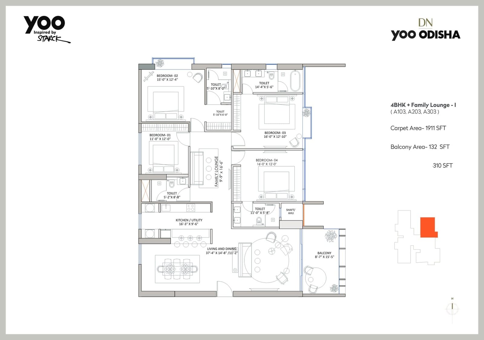 4 BHK + Family Lounge – I (Tower A: A103, A203, A303)