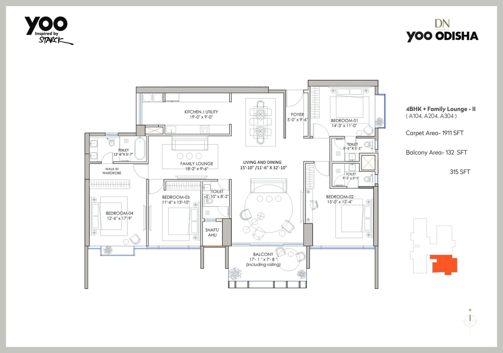 4 BHK + Family Lounge – II (Tower A: A104, A204, A304)