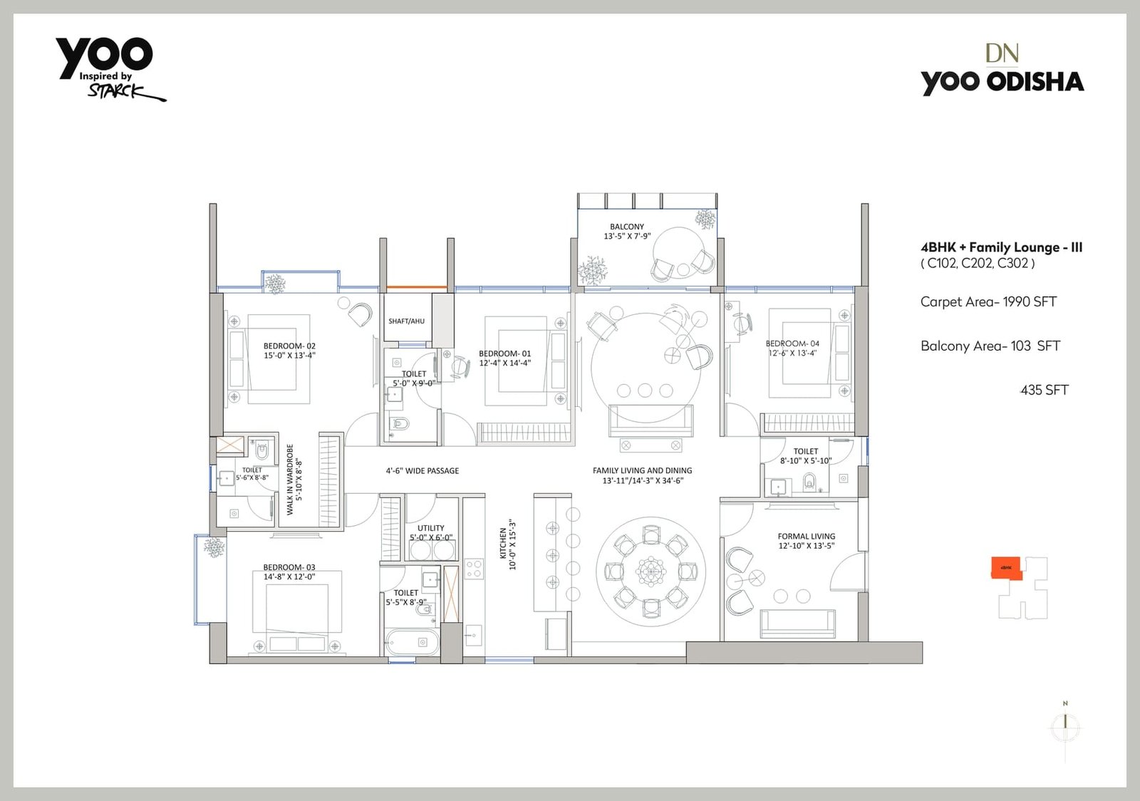 4 BHK + Family Lounge – III (Tower C: C102, C202, C302)