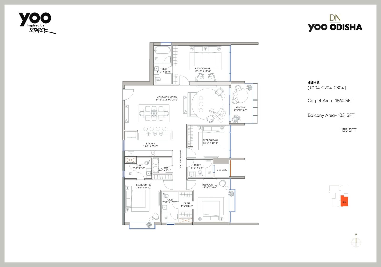 4 BHK (Tower C: C104, C204, C304)