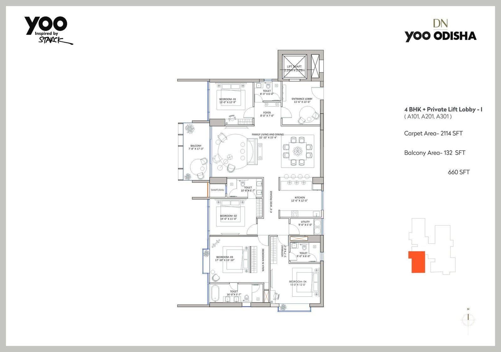 4 BHK + Private Lift Lobby – I (Tower A: A101, A201, A301)