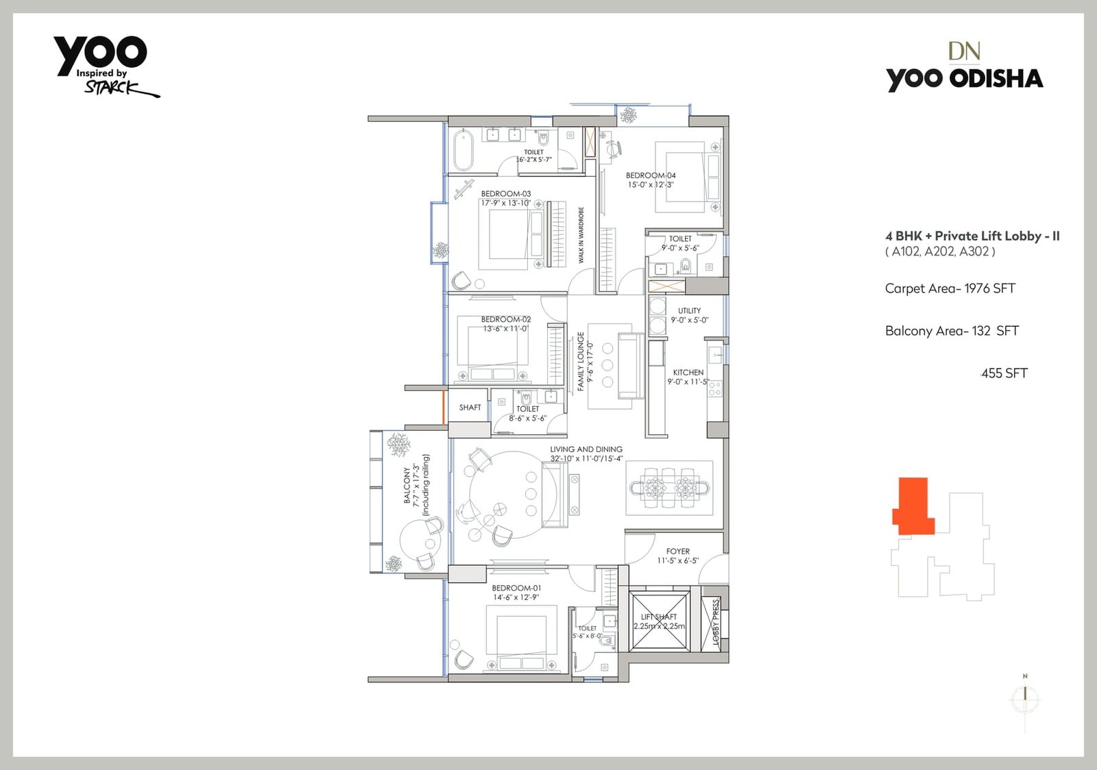 4 BHK + Private Lift Lobby – II (Tower A: A102, A202, A302)
