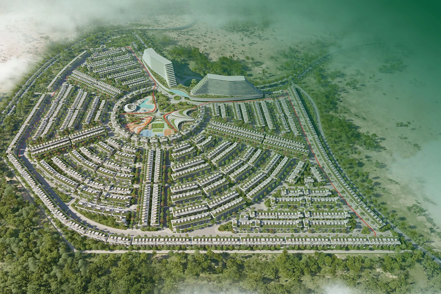 Aerial masterplan rendering of the Greenz by Danube villa and townhouse community