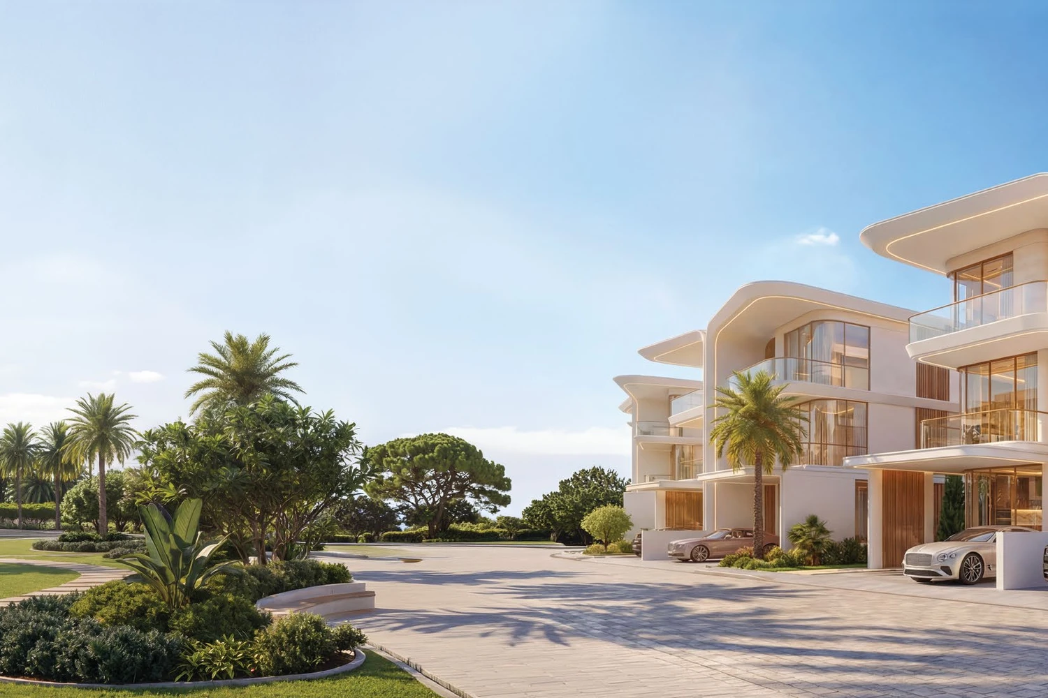 Greenz by Danube villa exterior with curved balconies and private driveway