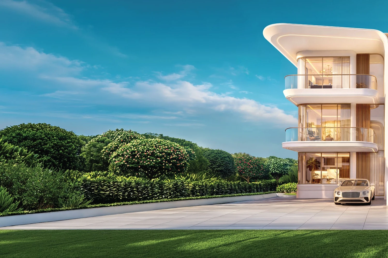 Greenz by Danube villa corner exterior view with landscaped garden