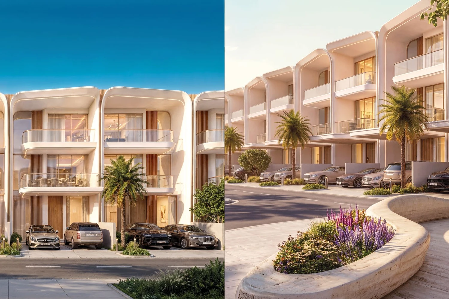 Greenz by Danube townhouse row exterior, day and dusk views with parked cars