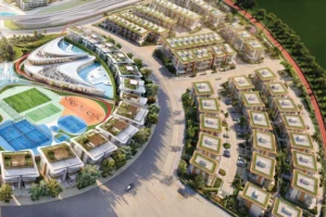 Aerial view of the Greenz by Danube sports hub, wellness building and villa rows