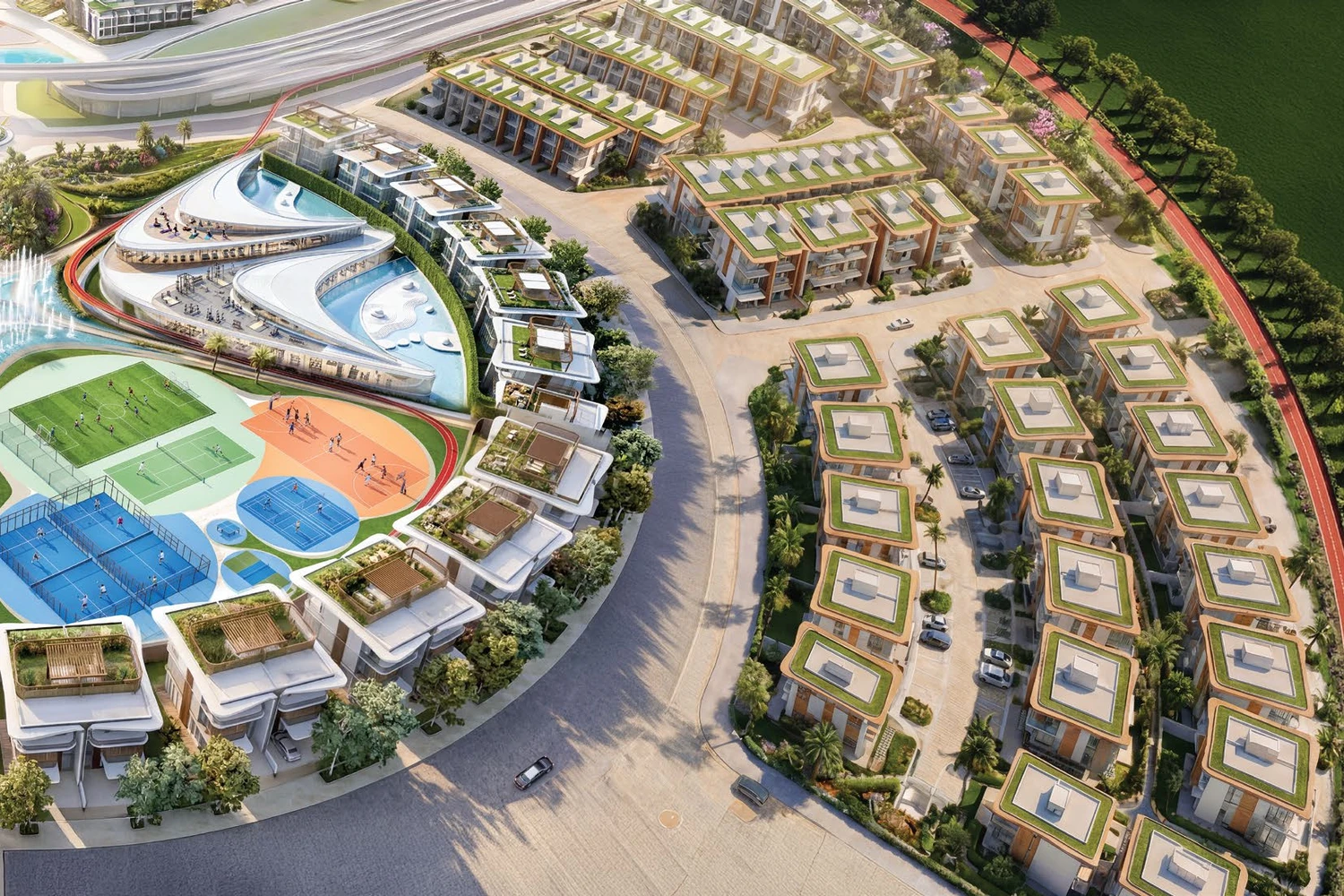 Aerial view of the Greenz by Danube sports hub, wellness building and villa rows
