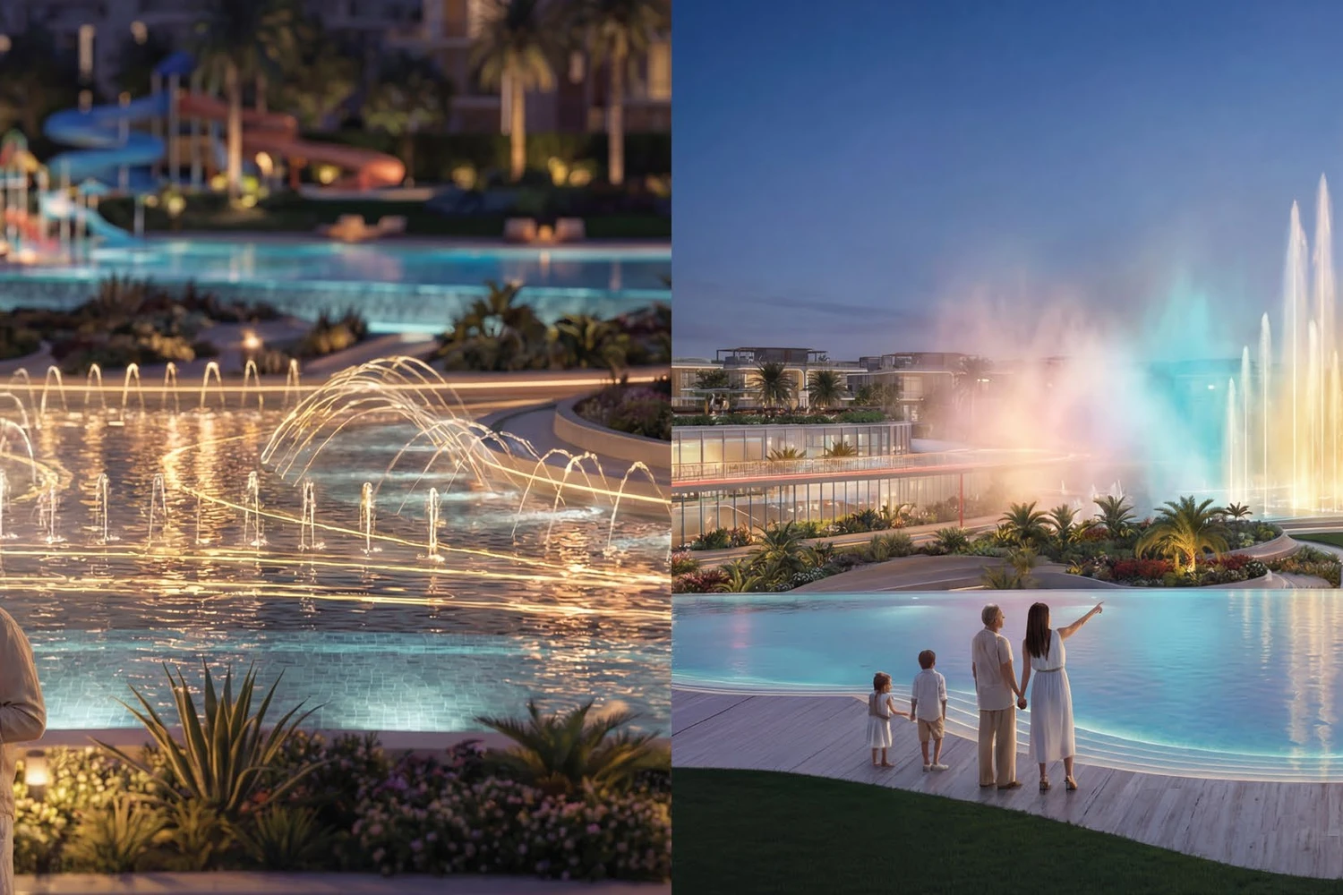 Greenz by Danube kids' water park and illuminated fountain show at dusk