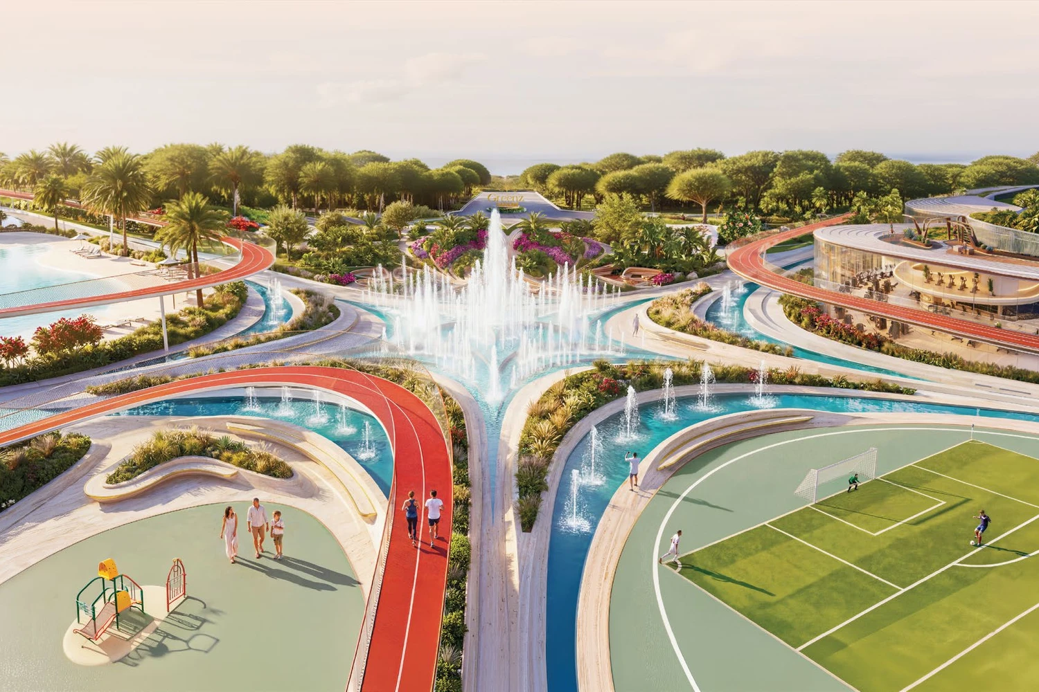 Aerial view of The Loop jogging track and central fountain plaza at Greenz by Danube